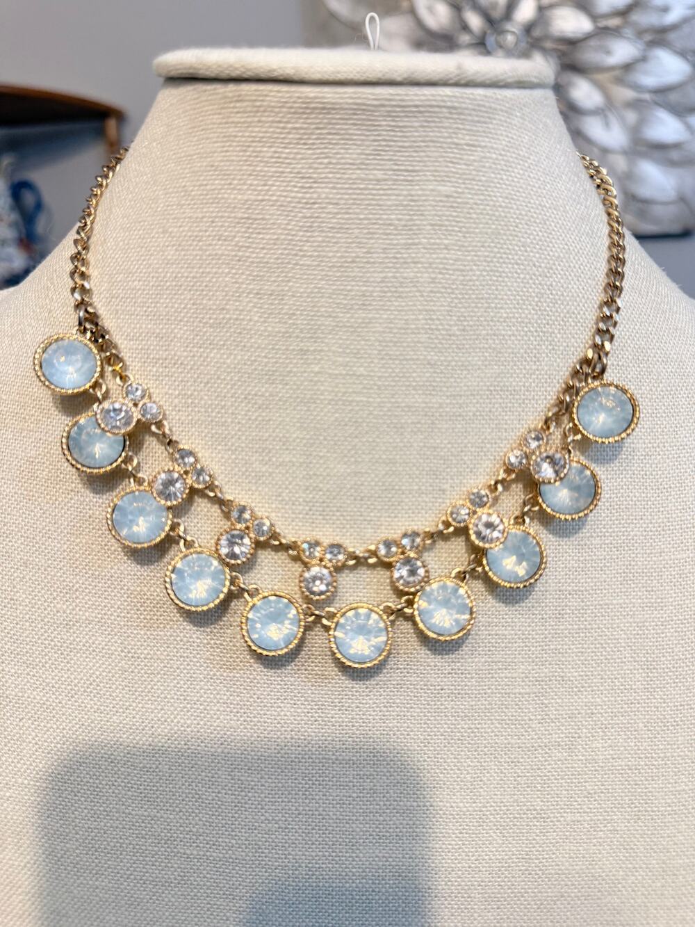 Gold Tone Opalite & Crystal Bib Statement Necklace 15”